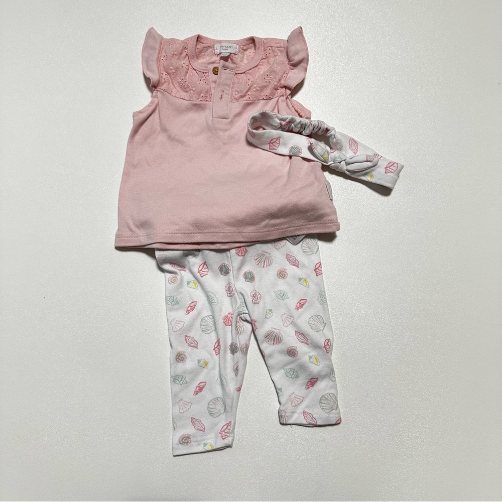 Tahari Baby Girl's Pink Top and White Seashell Print Pants And Headband Set 6-9m